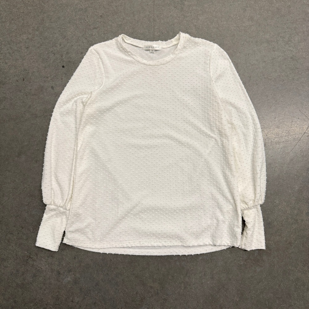 Downeast White Swiss Dot Puff Sleeve Top Small Crew Neck Long Sleeve Blouse